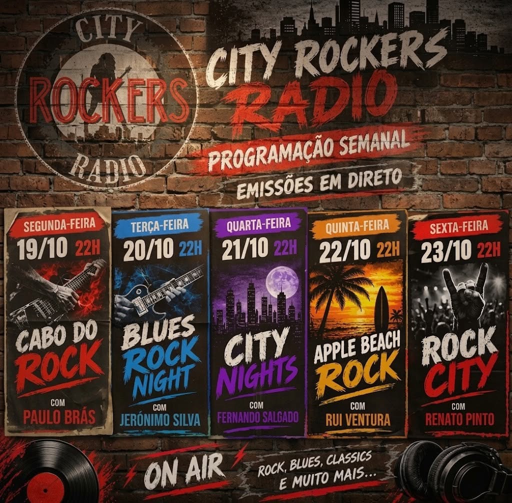 Cartaz da programação semanal da City Rockers Rádio, com emissões de segunda a sexta-feira às 22 horas.
